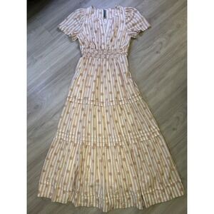 Anthropologie White Beige Textured Embroidered Tiered Maxi Dress Boho Women Sz S